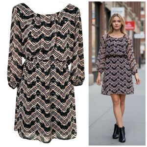 Lily Rose Dress Womens Large  Office Work Blouson Pink Black Lined Chevron Sheer